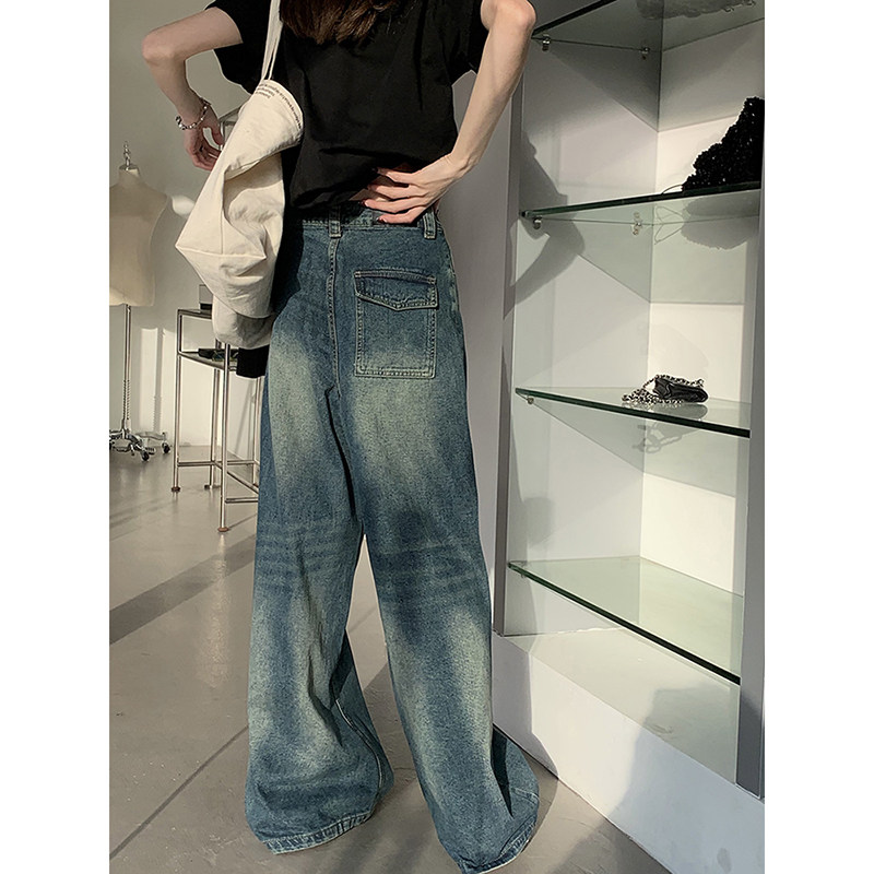 Spring 2023 new retro and nostalgic loose, versatile, slimming wide-leg straight floor-length denim long pants for women Item Picture